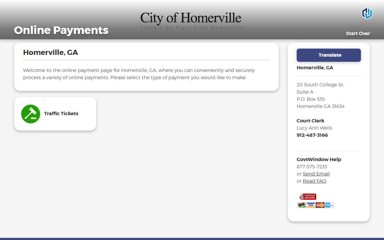 Clinch County traffic court records Homerville Government Window payment page